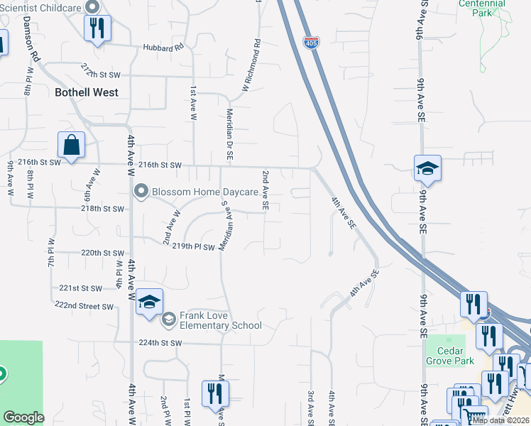 map of restaurants, bars, coffee shops, grocery stores, and more near 2nd Avenue Southeast in Bothell