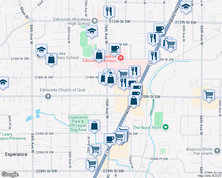 map of restaurants, bars, coffee shops, grocery stores, and more near 21911 76th Avenue West in Edmonds