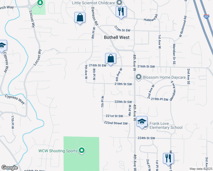 map of restaurants, bars, coffee shops, grocery stores, and more near 706 218th Street Southwest in Bothell