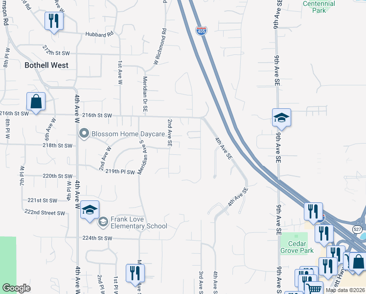 map of restaurants, bars, coffee shops, grocery stores, and more near 221 218th Place Southeast in Bothell