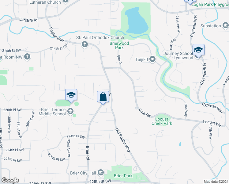 map of restaurants, bars, coffee shops, grocery stores, and more near 21821 Poplar Way in Brier