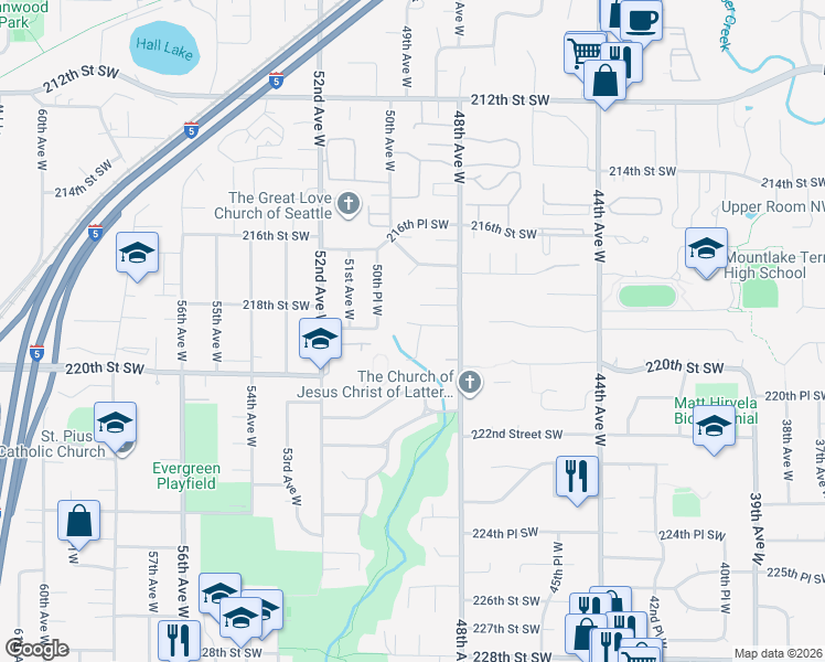 map of restaurants, bars, coffee shops, grocery stores, and more near 21900 49th Place West in Mountlake Terrace
