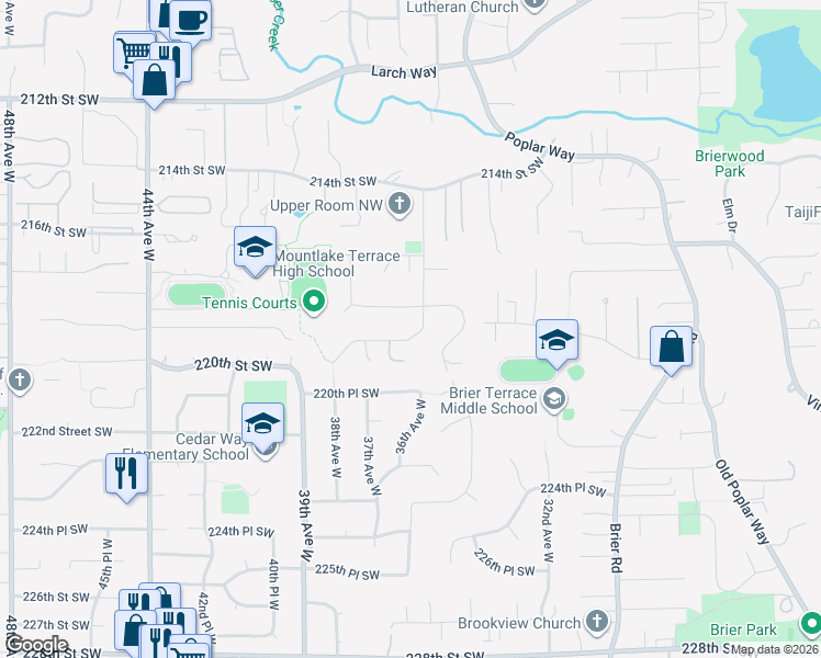 map of restaurants, bars, coffee shops, grocery stores, and more near 21815 36th Avenue West in Brier