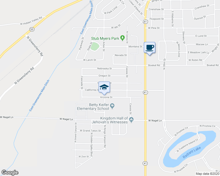 map of restaurants, bars, coffee shops, grocery stores, and more near 8389 California Street in Rathdrum