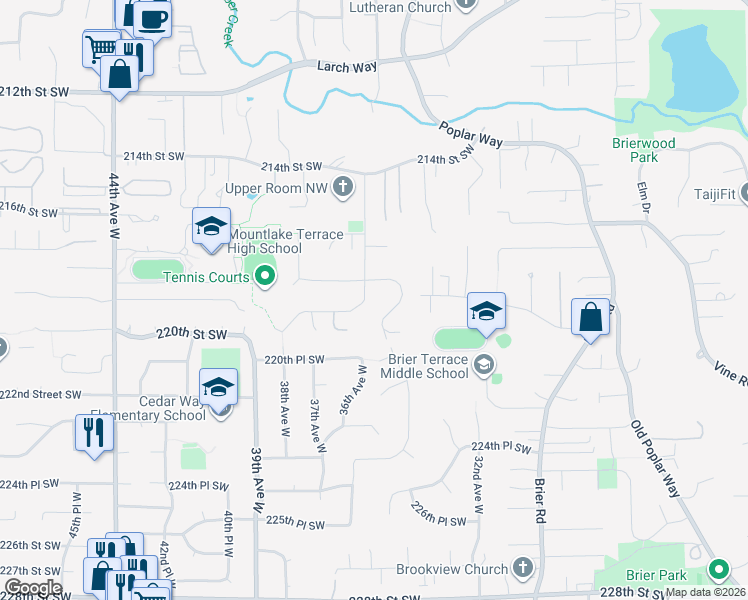 map of restaurants, bars, coffee shops, grocery stores, and more near 21815 36th Avenue West in Brier
