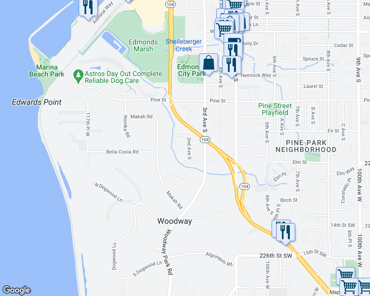 map of restaurants, bars, coffee shops, grocery stores, and more near 1132 2nd Avenue South in Edmonds