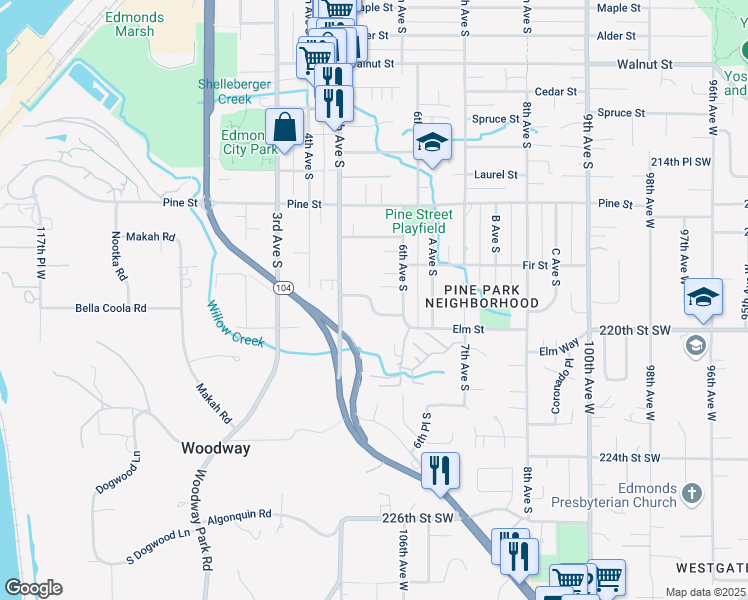 map of restaurants, bars, coffee shops, grocery stores, and more near 549 Elm Way in Edmonds