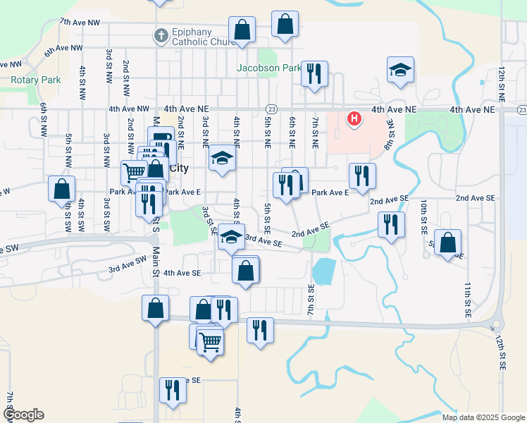 map of restaurants, bars, coffee shops, grocery stores, and more near 121 5th Street Southeast in Watford City