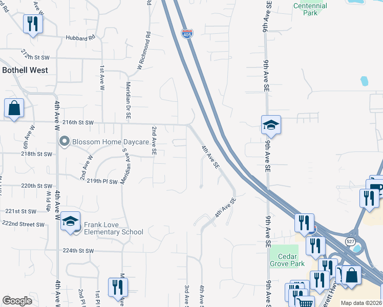 map of restaurants, bars, coffee shops, grocery stores, and more near 21723 3rd Avenue Southeast in Bothell