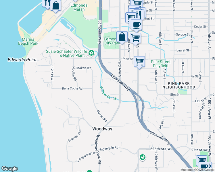map of restaurants, bars, coffee shops, grocery stores, and more near 1132 2nd Avenue South in Edmonds