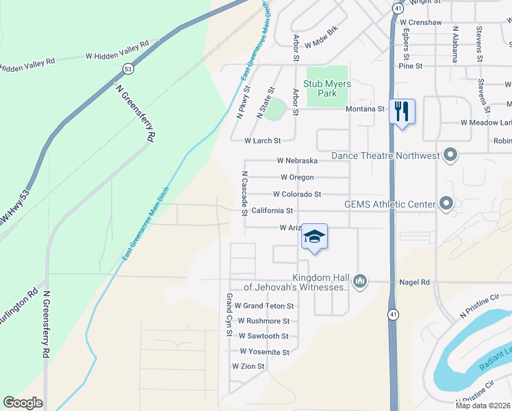 map of restaurants, bars, coffee shops, grocery stores, and more near 8641 California Street in Rathdrum