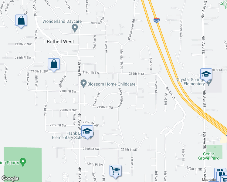 map of restaurants, bars, coffee shops, grocery stores, and more near 15 218th Place Southwest in Bothell