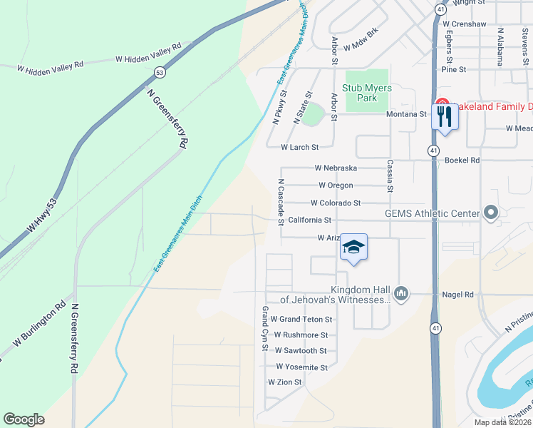 map of restaurants, bars, coffee shops, grocery stores, and more near 14129 Cascade Street in Rathdrum