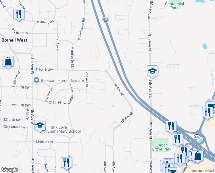 map of restaurants, bars, coffee shops, grocery stores, and more near 21723-21799 3rd Avenue Southeast in Bothell