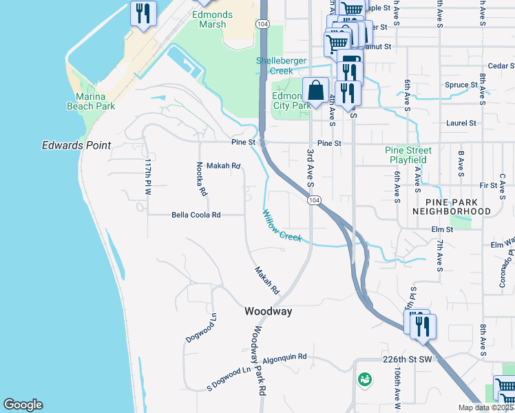 map of restaurants, bars, coffee shops, grocery stores, and more near 21901 Makah Road in Woodway