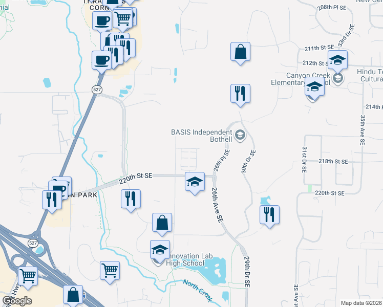 map of restaurants, bars, coffee shops, grocery stores, and more near 21716 25th Avenue Southeast in Bothell