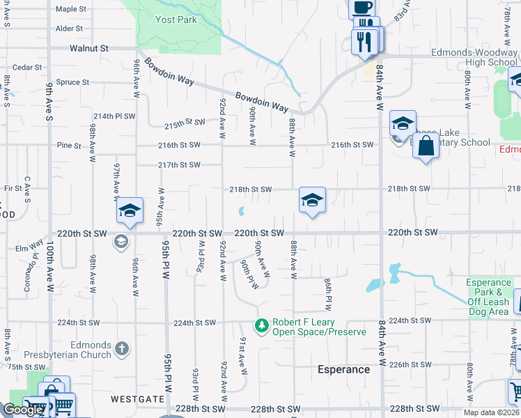 map of restaurants, bars, coffee shops, grocery stores, and more near 8934 218th Street Southwest in Edmonds