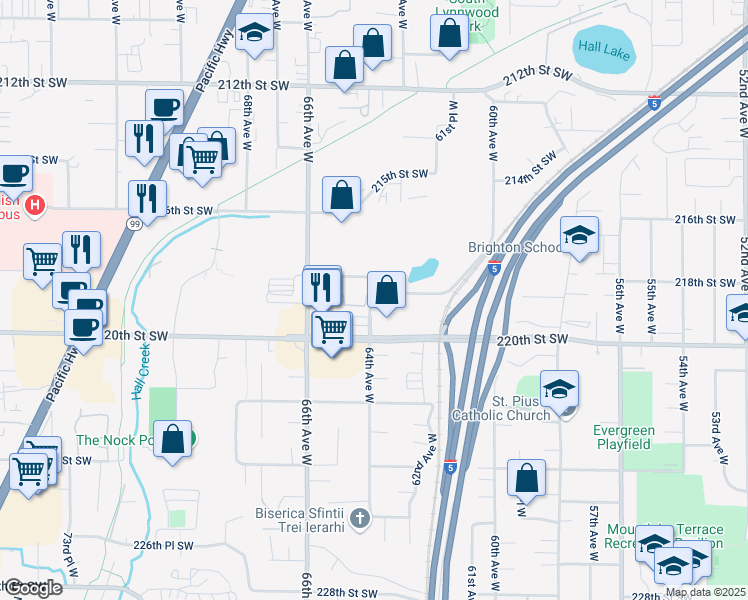 map of restaurants, bars, coffee shops, grocery stores, and more near 21908 64th Avenue West in Mountlake Terrace
