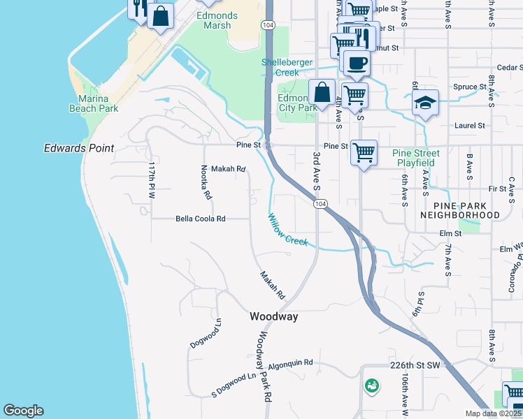 map of restaurants, bars, coffee shops, grocery stores, and more near 21901 Makah Road in Woodway