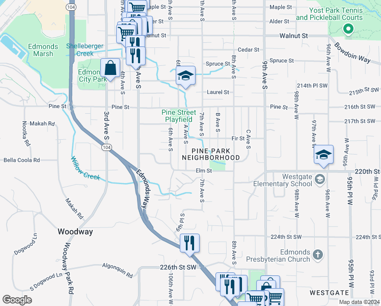 map of restaurants, bars, coffee shops, grocery stores, and more near 1131 A Avenue South in Edmonds