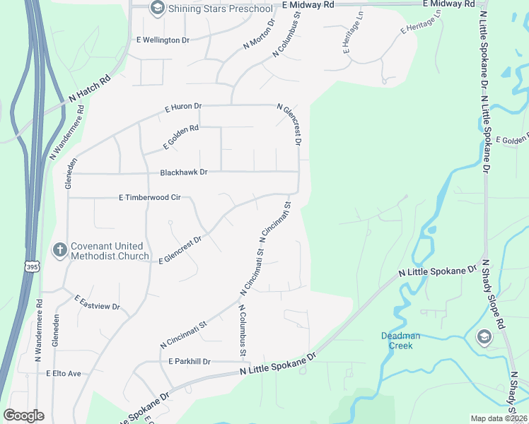map of restaurants, bars, coffee shops, grocery stores, and more near 1120 East Woodcrest Court in Spokane