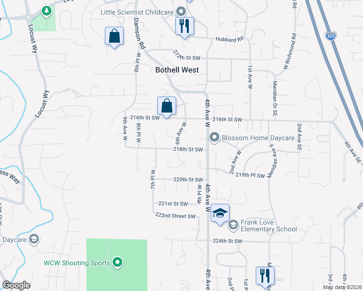 map of restaurants, bars, coffee shops, grocery stores, and more near 525 218th Street Southwest in Bothell