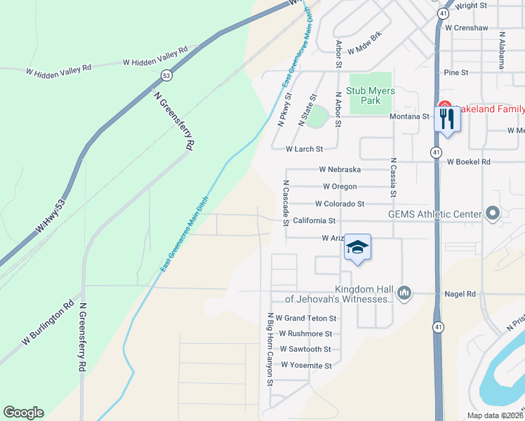 map of restaurants, bars, coffee shops, grocery stores, and more near 14129 Cascade Street in Rathdrum