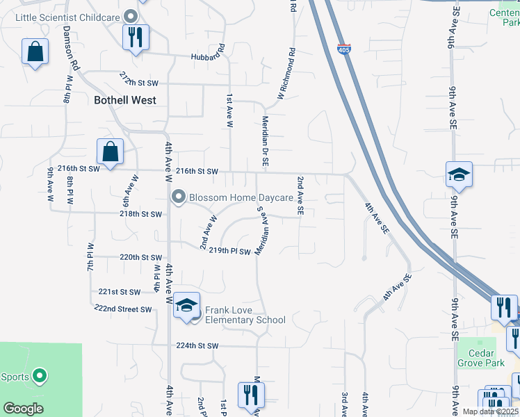 map of restaurants, bars, coffee shops, grocery stores, and more near 15 218th Place Southwest in Bothell
