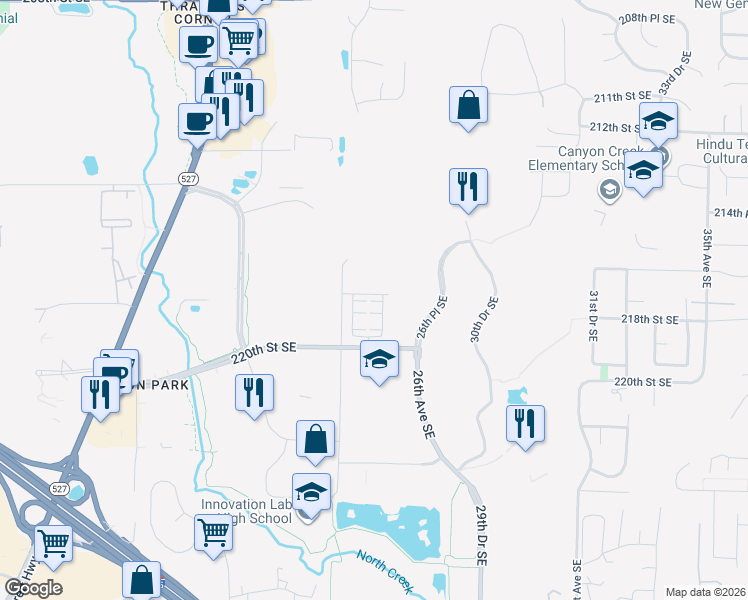 map of restaurants, bars, coffee shops, grocery stores, and more near 21716 25th Avenue Southeast in Bothell