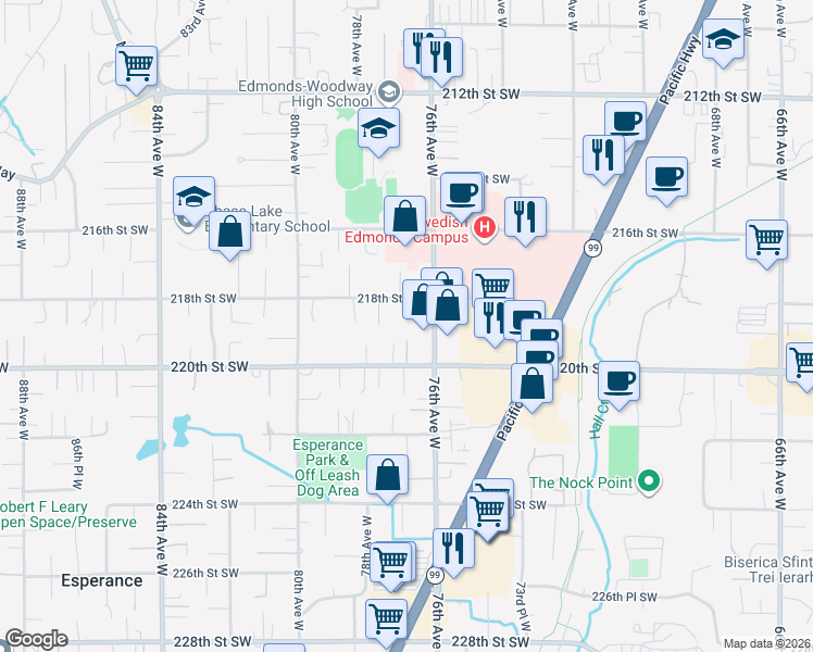 map of restaurants, bars, coffee shops, grocery stores, and more near 21828 76th Place West in Edmonds