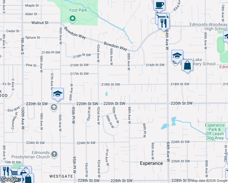 map of restaurants, bars, coffee shops, grocery stores, and more near 8934 218th Street Southwest in Edmonds
