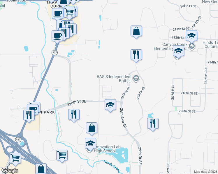 map of restaurants, bars, coffee shops, grocery stores, and more near 21716 25th Avenue Southeast in Bothell