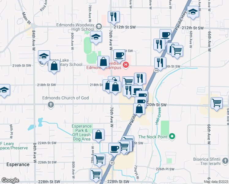 map of restaurants, bars, coffee shops, grocery stores, and more near 21911 76th Avenue West in Edmonds
