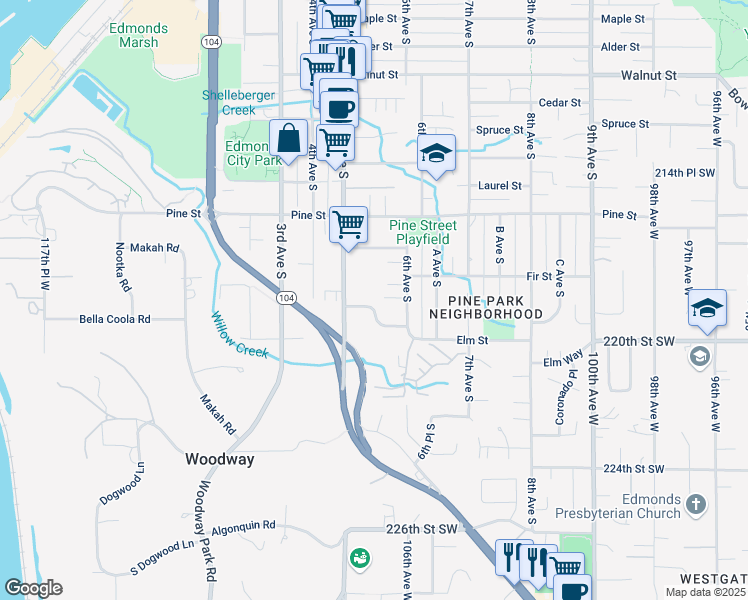 map of restaurants, bars, coffee shops, grocery stores, and more near 549 Elm Way in Edmonds