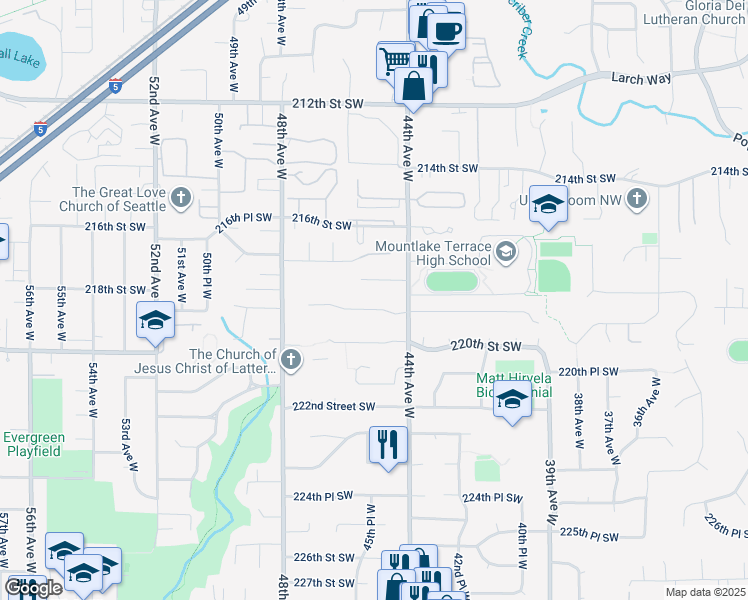 map of restaurants, bars, coffee shops, grocery stores, and more near 4406 219th Street Southwest in Mountlake Terrace