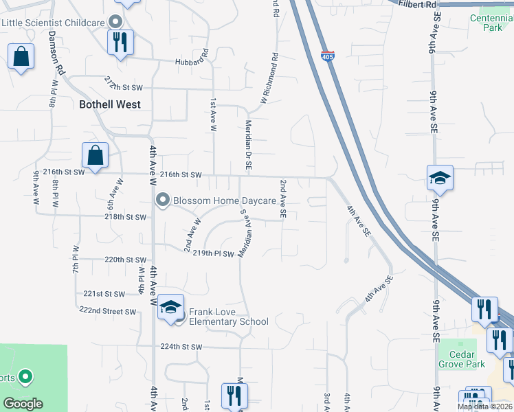 map of restaurants, bars, coffee shops, grocery stores, and more near 23 218th Place Southeast in Bothell