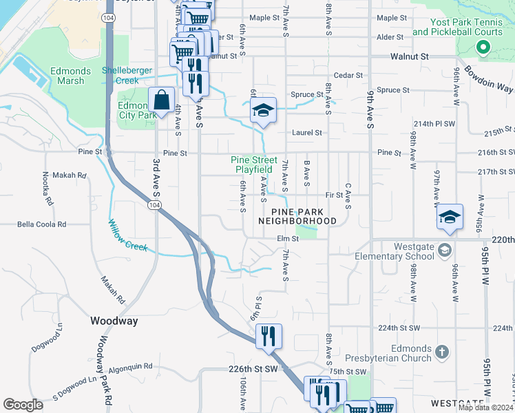 map of restaurants, bars, coffee shops, grocery stores, and more near 1114 A Avenue South in Edmonds