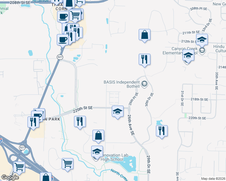 map of restaurants, bars, coffee shops, grocery stores, and more near 21716 25th Avenue Southeast in Bothell