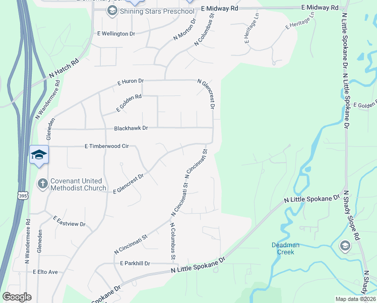 map of restaurants, bars, coffee shops, grocery stores, and more near 1120 East Woodcrest Court in Spokane