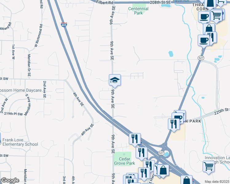 map of restaurants, bars, coffee shops, grocery stores, and more near 21615 9th Avenue Southeast in Bothell