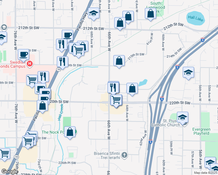 map of restaurants, bars, coffee shops, grocery stores, and more near 21825 66th Avenue West in Mountlake Terrace