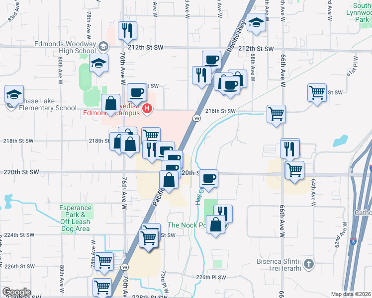 map of restaurants, bars, coffee shops, grocery stores, and more near 21999 Pacific Hwy in Mountlake Terrace