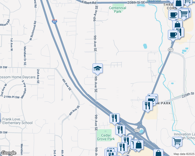 map of restaurants, bars, coffee shops, grocery stores, and more near 21615 9th Avenue Southeast in Bothell