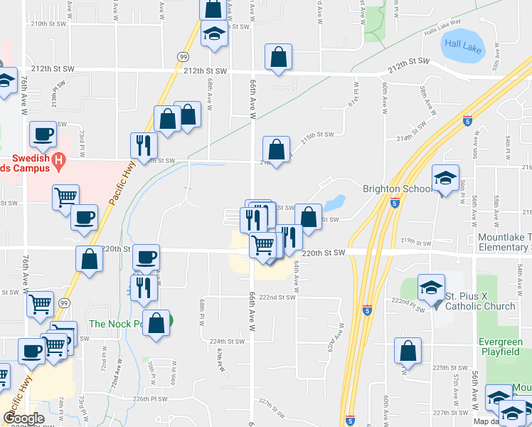 map of restaurants, bars, coffee shops, grocery stores, and more near 21825 66th Avenue West in Mountlake Terrace