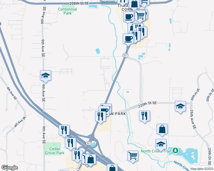 map of restaurants, bars, coffee shops, grocery stores, and more near 1608 217th Place Southeast in Bothell