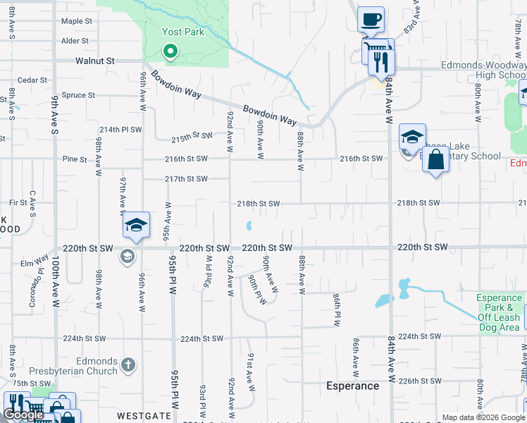 map of restaurants, bars, coffee shops, grocery stores, and more near 8912 218th Street Southwest in Edmonds