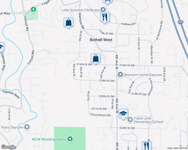 map of restaurants, bars, coffee shops, grocery stores, and more near 706 218th Street Southwest in Bothell