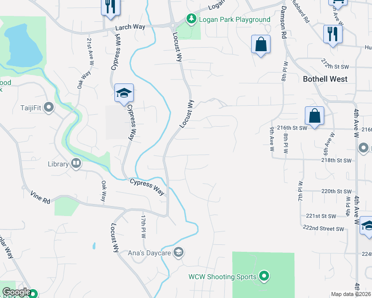 map of restaurants, bars, coffee shops, grocery stores, and more near 21809 14th Place West in Lynnwood