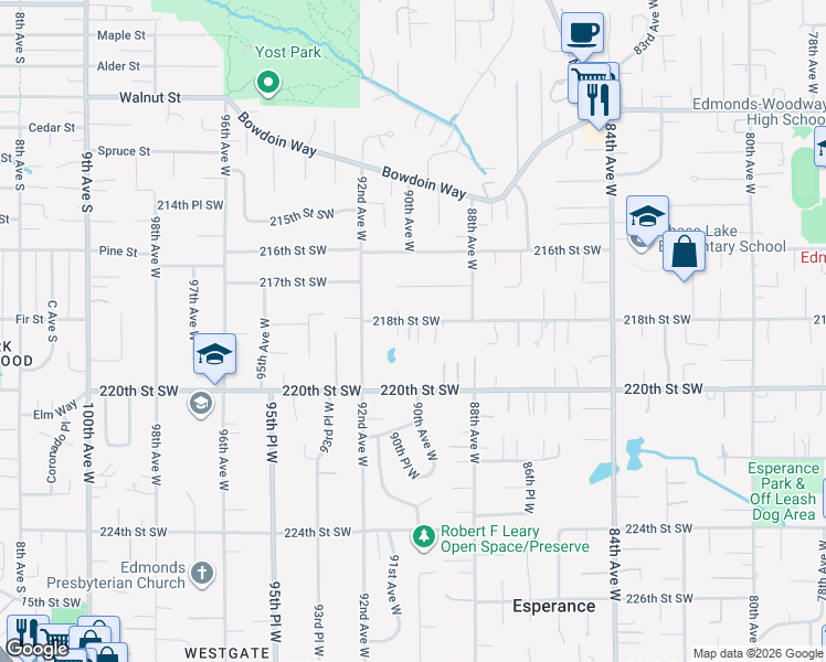 map of restaurants, bars, coffee shops, grocery stores, and more near 8912 218th Street Southwest in Edmonds