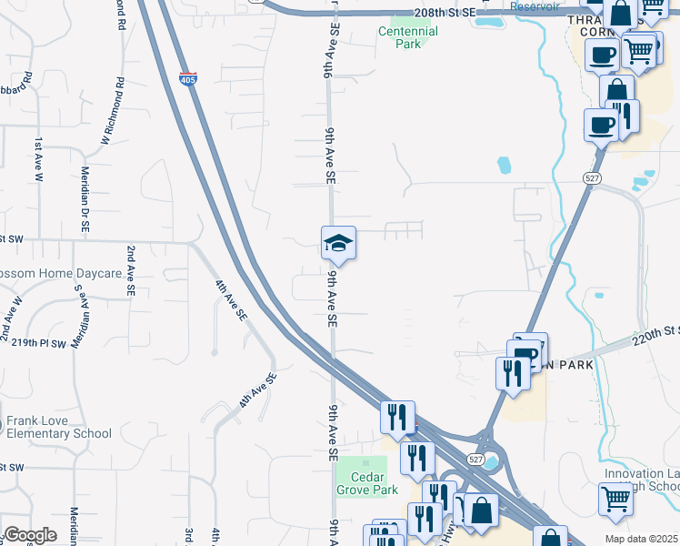 map of restaurants, bars, coffee shops, grocery stores, and more near 21615 9th Avenue Southeast in Bothell